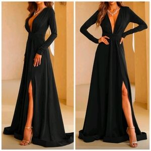 New Glam Plunge Long Sleeve Split Maxi Gown Dress Black